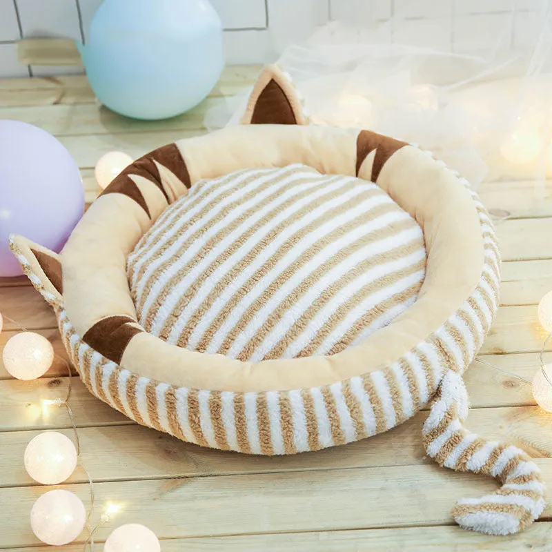 Non-removable small pet bed in gray, brown, and pink with PP cotton and flannel padding