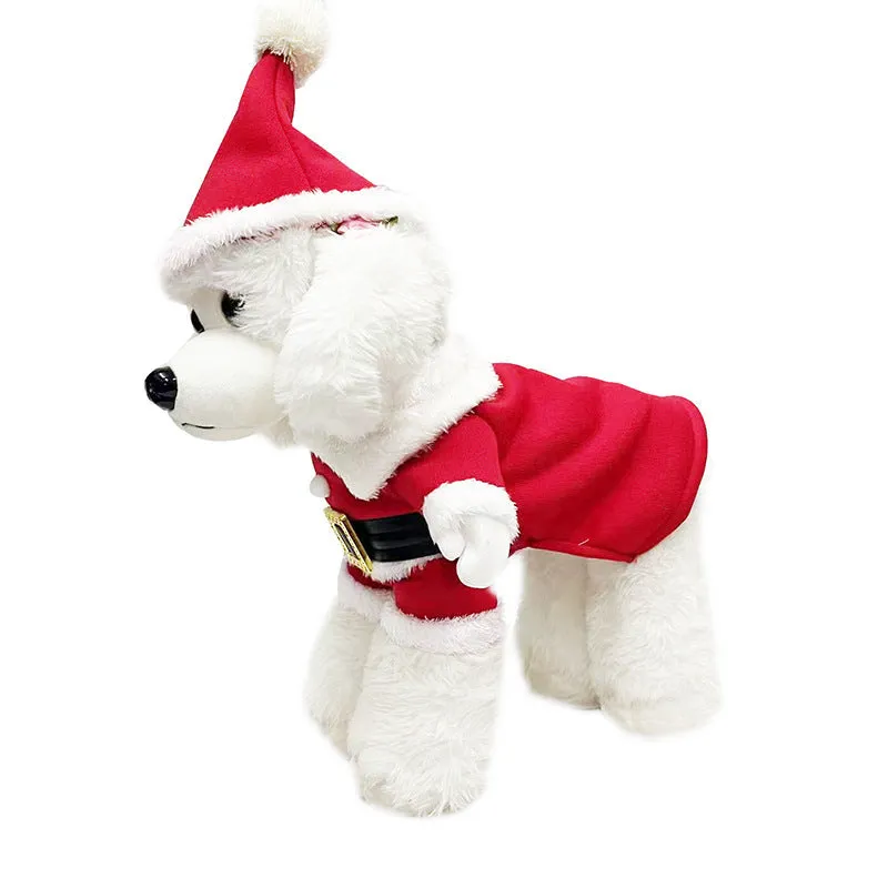 Red dog Christmas sweatshirt with matching hat on a small breed dog, polyester fabric, five sizes available XS to XL