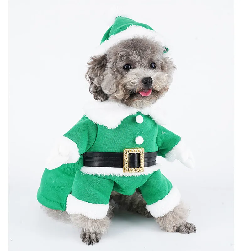 Red dog Christmas sweatshirt with matching hat on a small breed dog, polyester fabric, five sizes available XS to XL