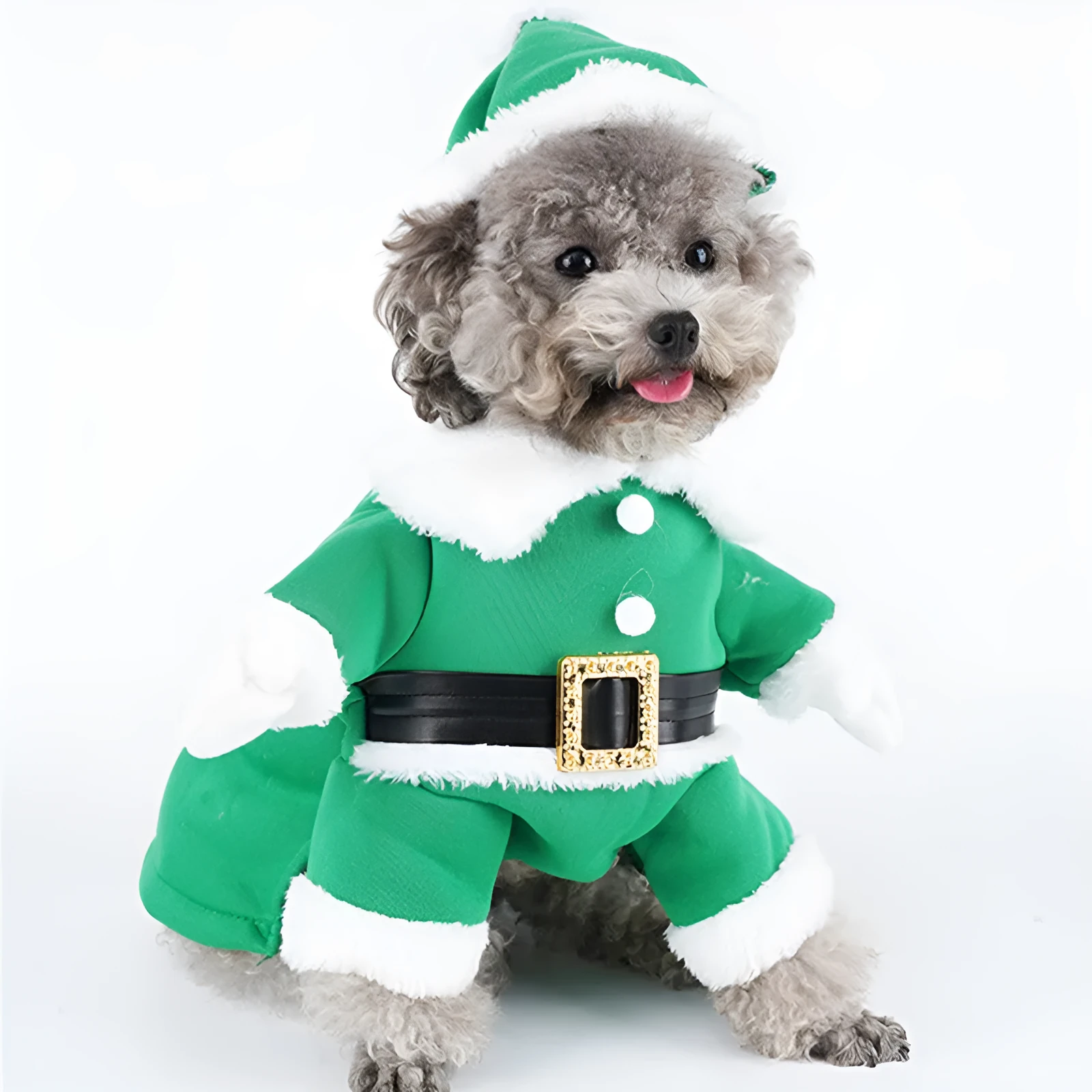 Red dog Christmas sweatshirt with matching hat on a small breed dog, polyester fabric, five sizes available XS to XL