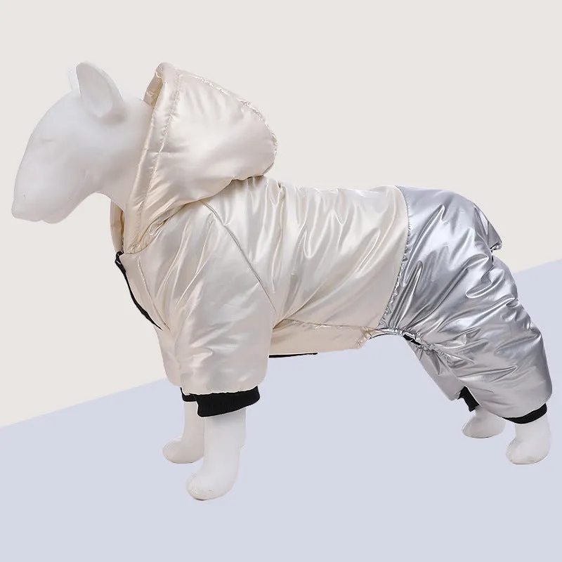 Green waterproof four-legged dog coat with cotton padding on a medium-sized dog