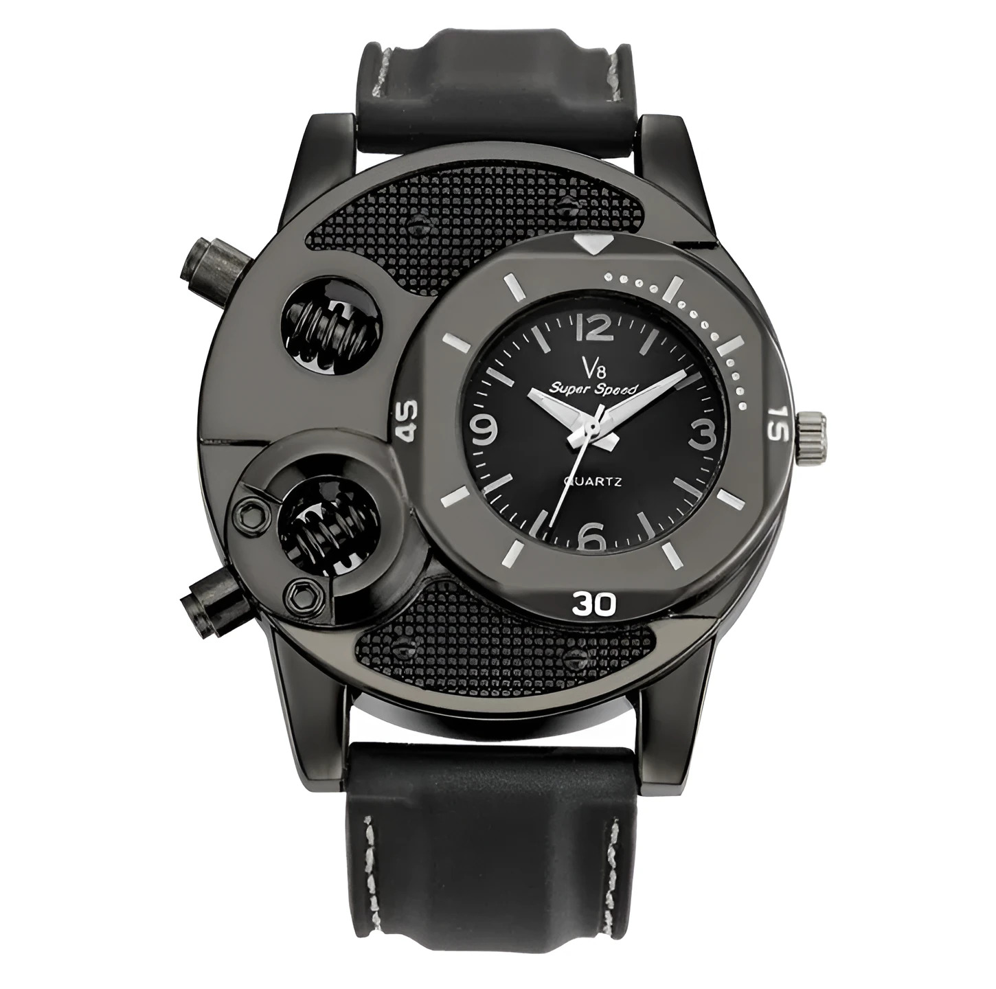 V8 men's quartz watch black colour stainless steel strap round 43mm dial