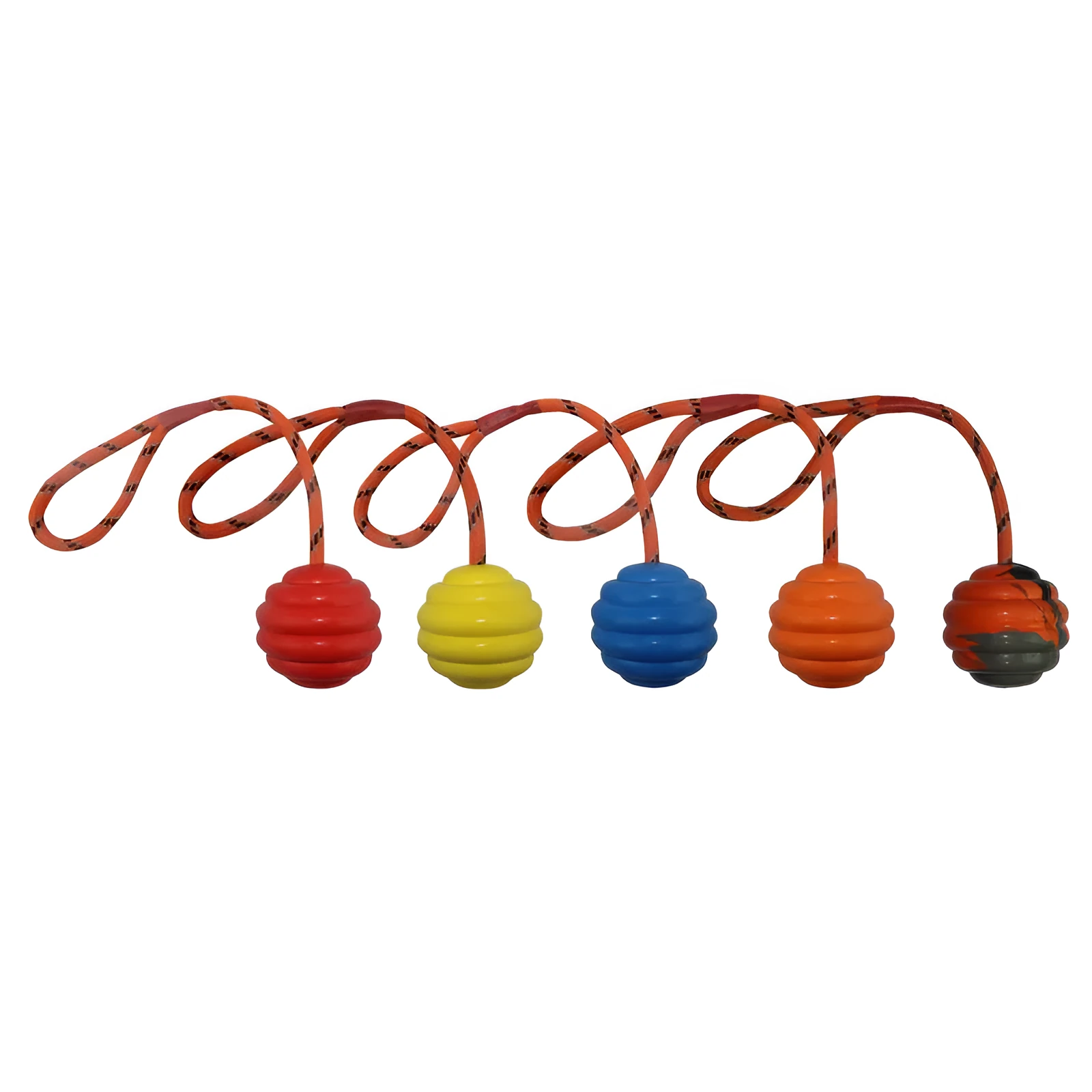 Multi-colour rubber pet training ball with rope knot design, 6x30cm size