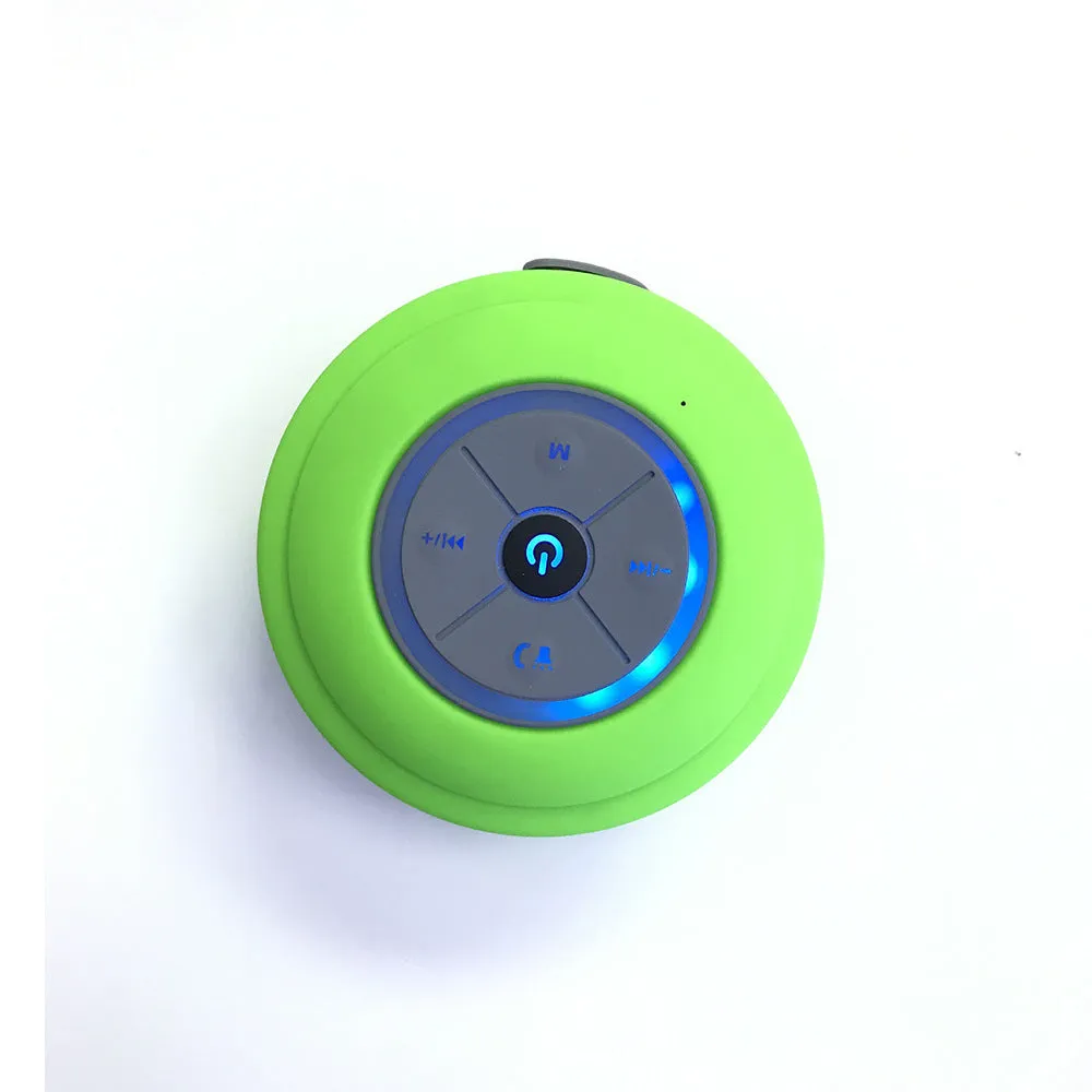 Mini waterproof Bluetooth speaker in blue, compact plastic shell with button controls