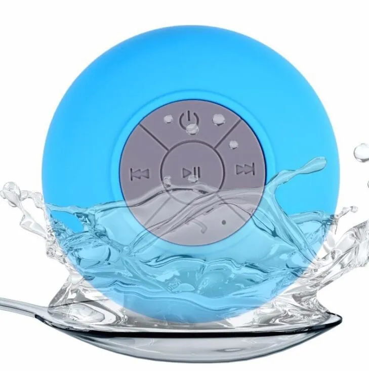 Mini waterproof Bluetooth speaker in blue, compact plastic shell with button controls