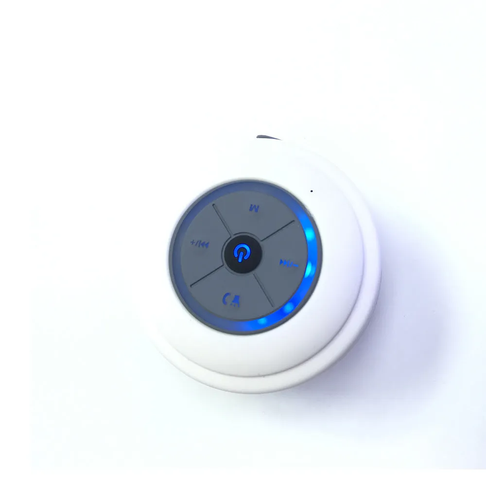 Mini waterproof Bluetooth speaker in blue, compact plastic shell with button controls
