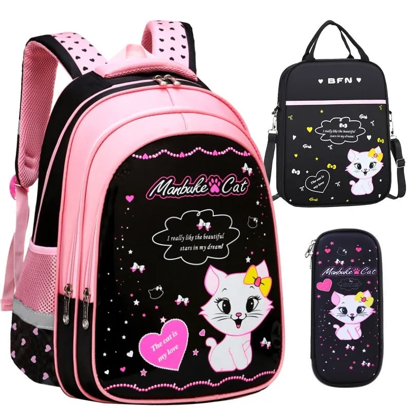 Kids school cute cat print backpack in nylon with zipper opening and computer pocket
