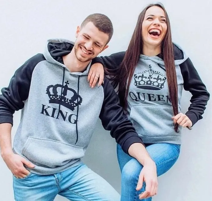 Printed hooded couple sweatshirt in grey, polyester fibre, street hipster style, available in matching adult sizes