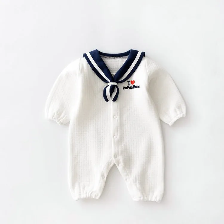 Navy cotton baby onesie with long sleeves and detachable hood on white background