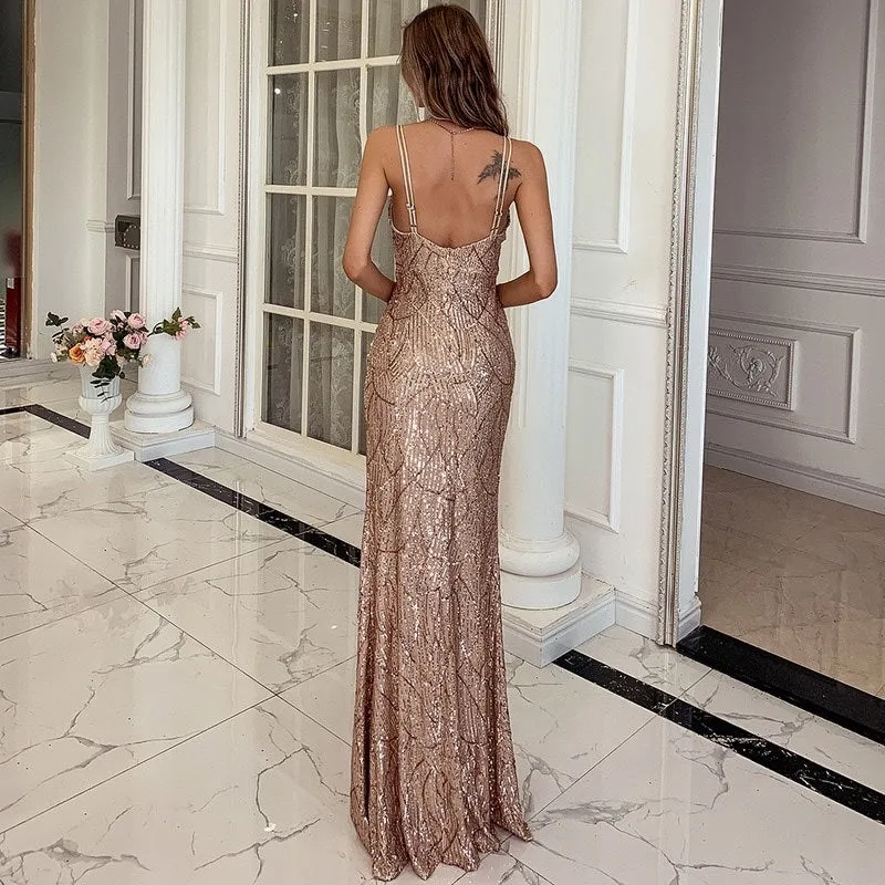 Women V neck sequin spaghetti strap maxi dress in gold with floor-length cut