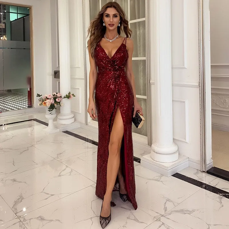 Women V neck sequin spaghetti strap maxi dress in gold with floor-length cut