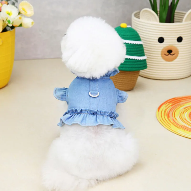 Blue denim pet dress with ruffles and integrated vest harness for dogs or cats