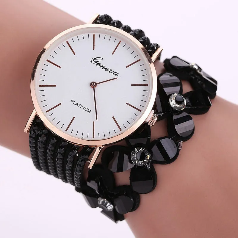 Geneva flowers women's quartz watch with crystal dial, 3.5cm case, bracelet strap, available in black colour