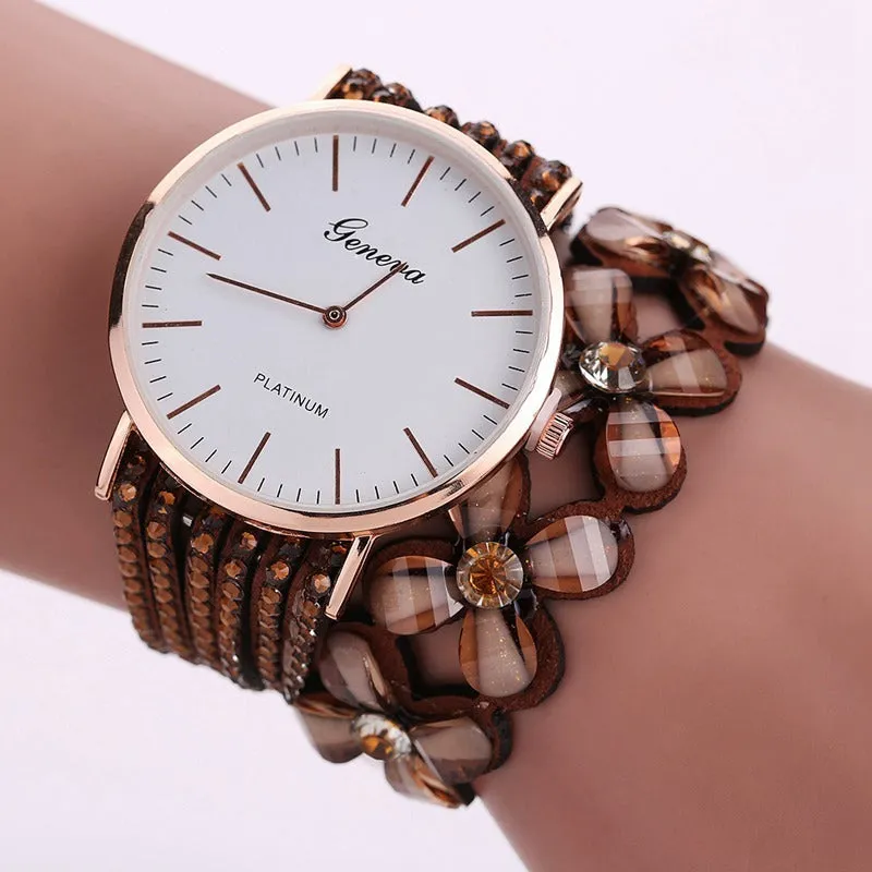 Geneva flowers women's quartz watch with crystal dial, 3.5cm case, bracelet strap, available in black colour