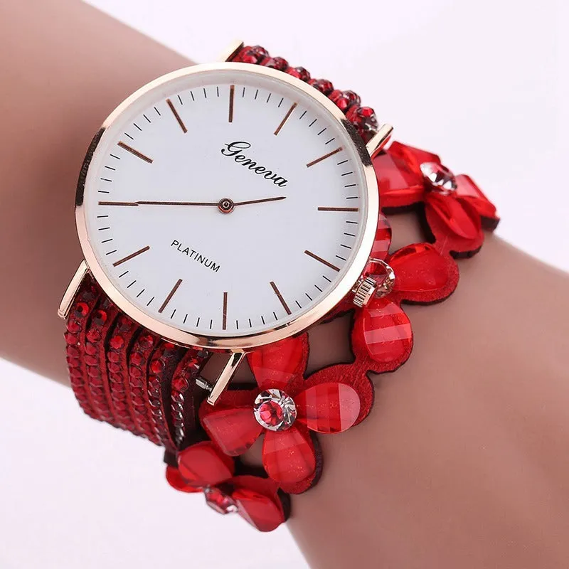 Geneva flowers women's quartz watch with crystal dial, 3.5cm case, bracelet strap, available in black colour