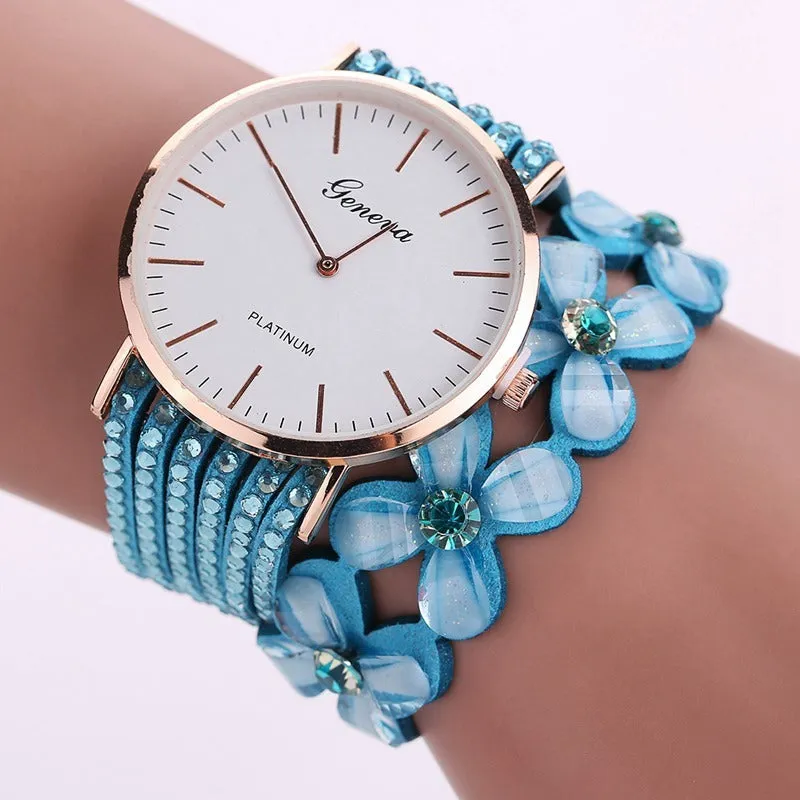 Geneva flowers women's quartz watch with crystal dial, 3.5cm case, bracelet strap, available in black colour