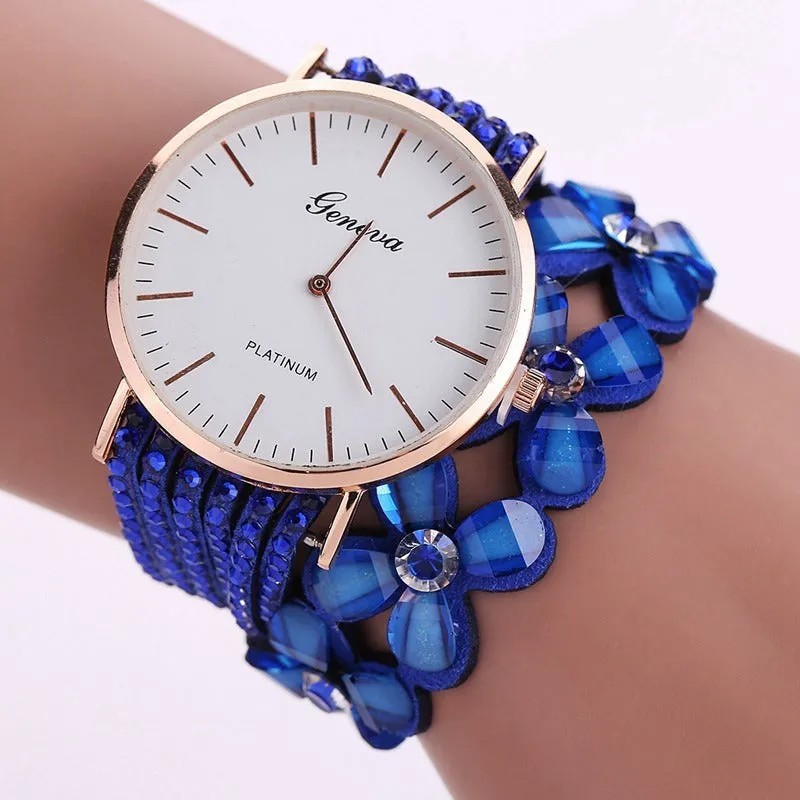 Geneva flowers women's quartz watch with crystal dial, 3.5cm case, bracelet strap, available in black colour