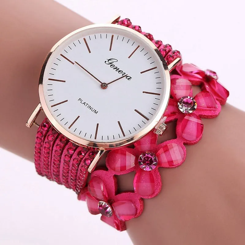 Geneva flowers women's quartz watch with crystal dial, 3.5cm case, bracelet strap, available in black colour