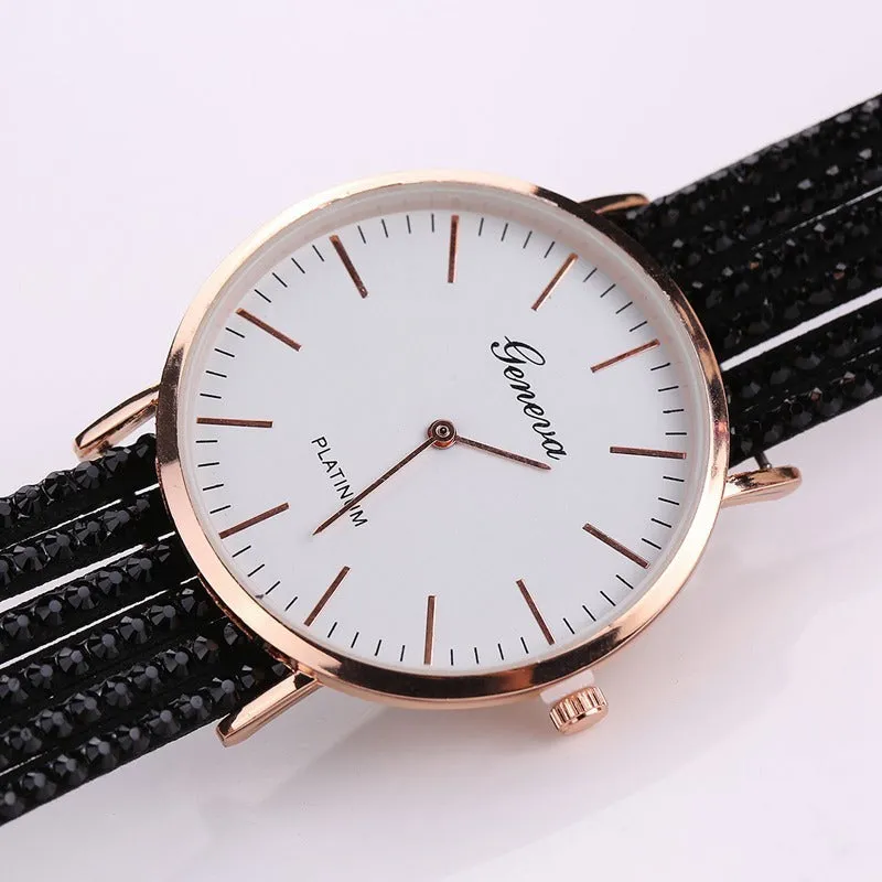 Geneva flowers women's quartz watch with crystal dial, 3.5cm case, bracelet strap, available in black colour