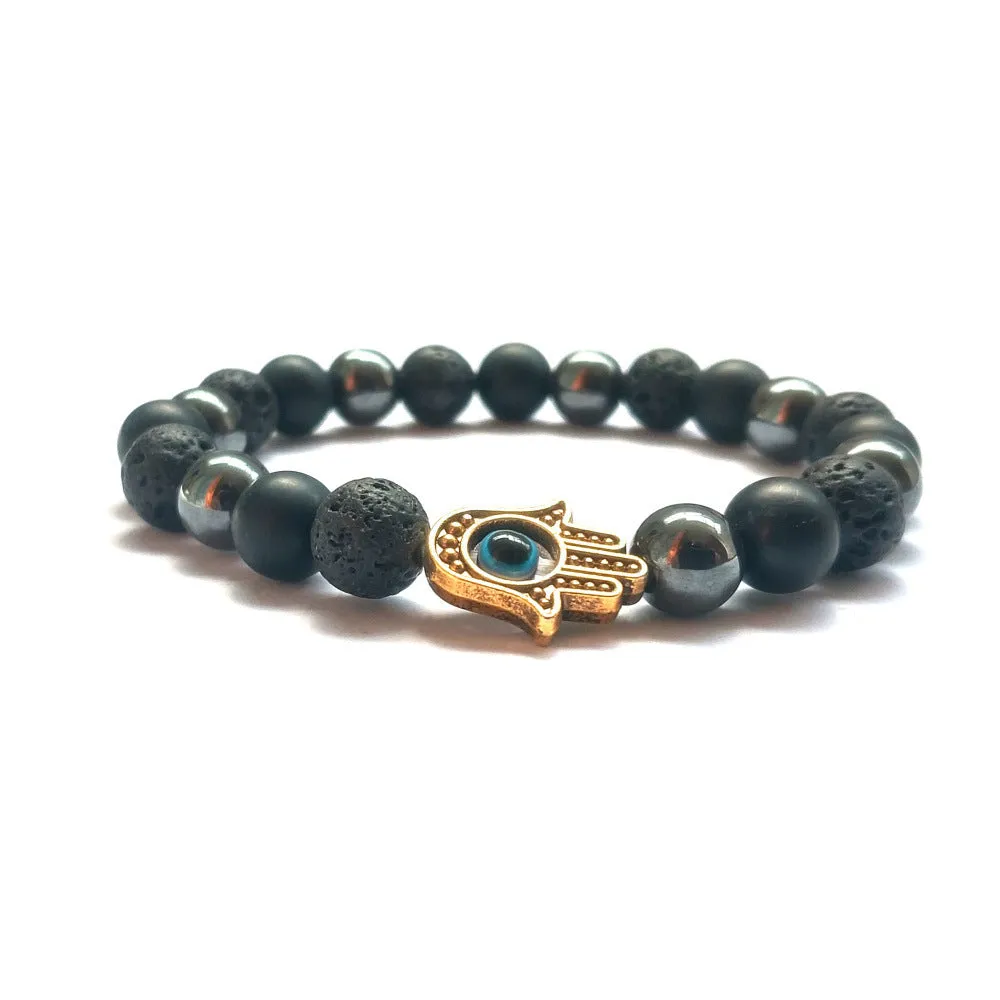 Handmade beaded bracelet with 8mm stone and alloy beads in silver finish, electroplated, 18cm circumference