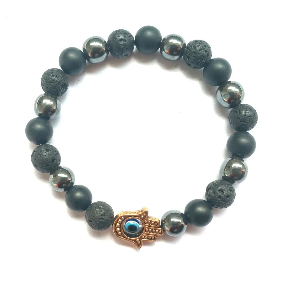 Handmade beaded bracelet with 8mm stone and alloy beads in silver finish, electroplated, 18cm circumference