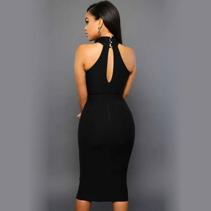 Women sleeveless black bodycon dress in milk silk fabric with polyester spandex blend