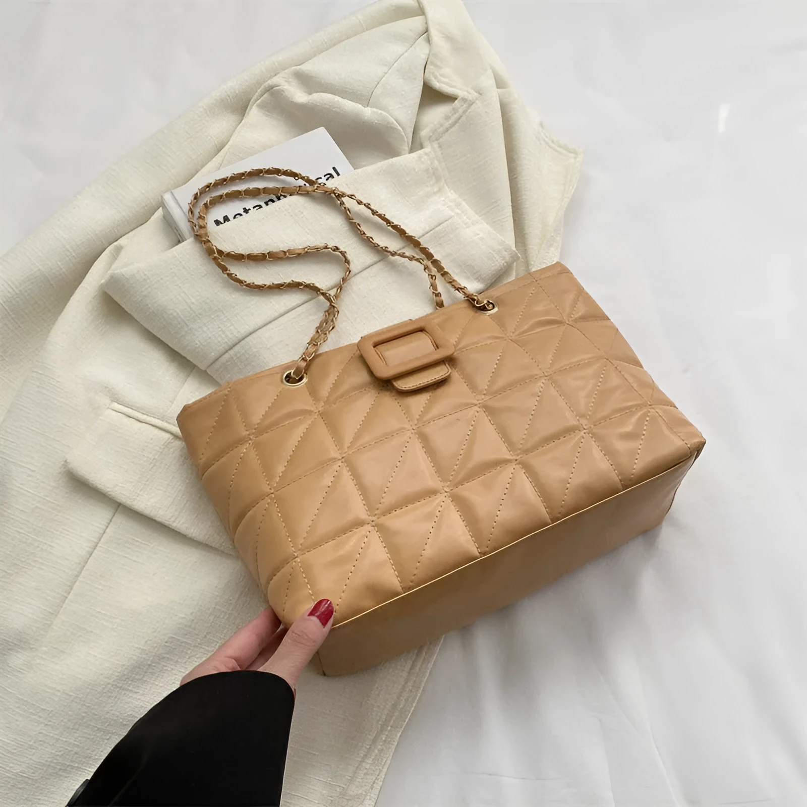 Women shoulder bag in trapezoid shape with chain strap, PU material, three-dimensional pocket, available in black white khaki brown