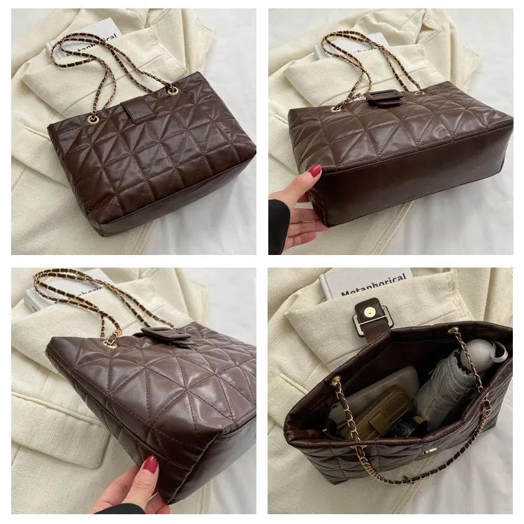 Women shoulder bag in trapezoid shape with chain strap, PU material, three-dimensional pocket, available in black white khaki brown