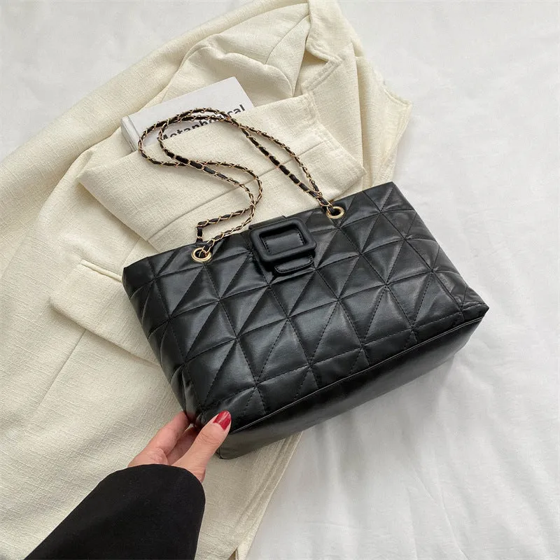 Women shoulder bag in trapezoid shape with chain strap, PU material, three-dimensional pocket, available in black white khaki brown