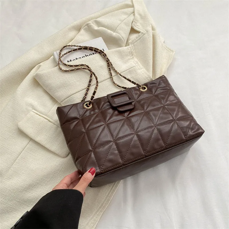 Women shoulder bag in trapezoid shape with chain strap, PU material, three-dimensional pocket, available in black white khaki brown