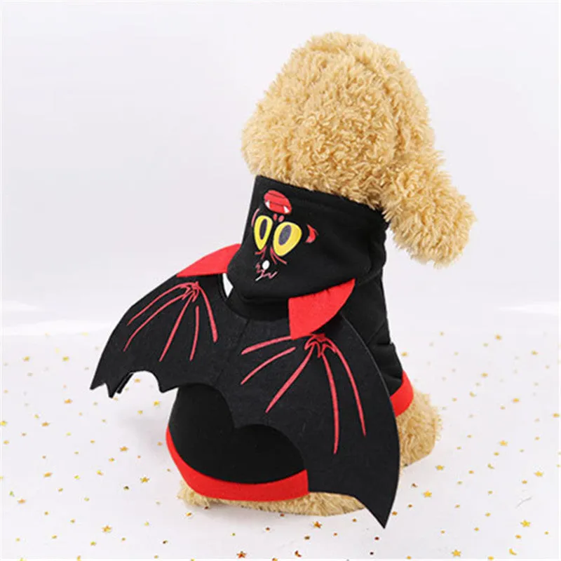 Halloween bat wings pet clothes sweater on dog with red and black wings, black fleece fabric, hooded two-legged style