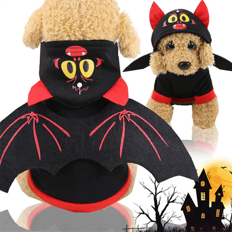 Halloween bat wings pet clothes sweater on dog with red and black wings, black fleece fabric, hooded two-legged style