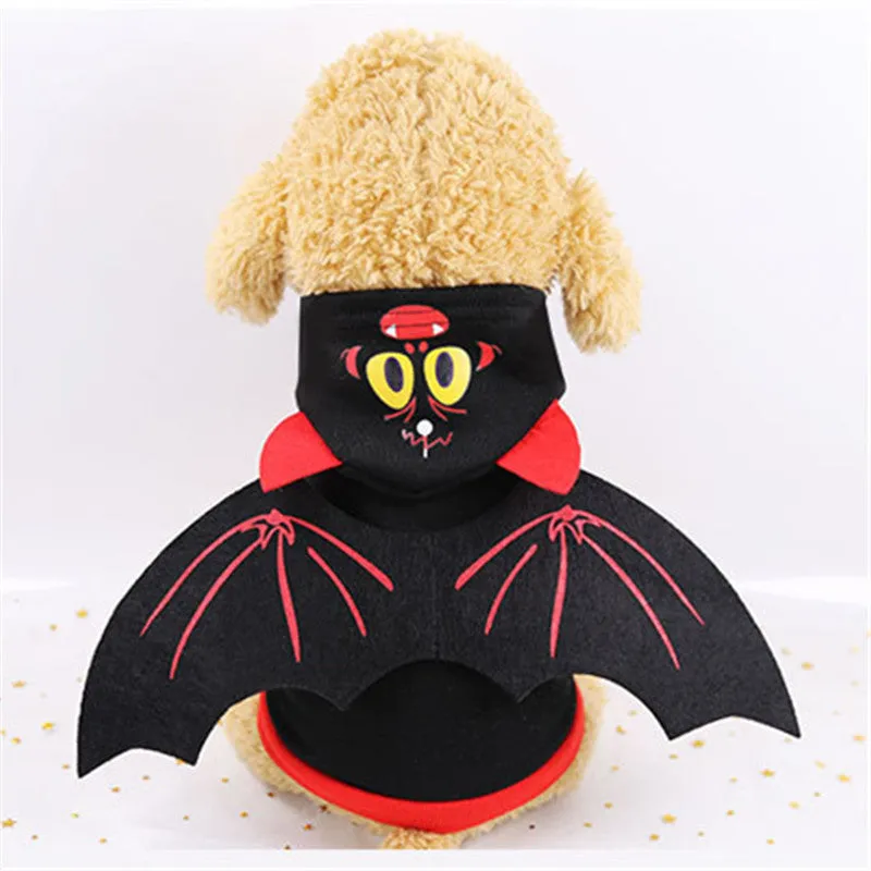 Halloween bat wings pet clothes sweater on dog with red and black wings, black fleece fabric, hooded two-legged style