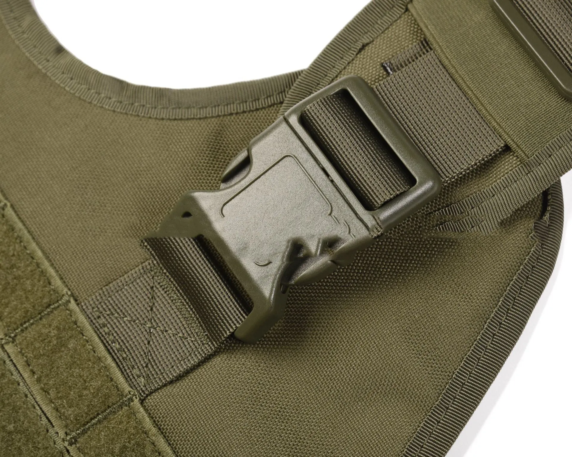 Tactical outdoor dog training vest in black with adjustable fit, side view