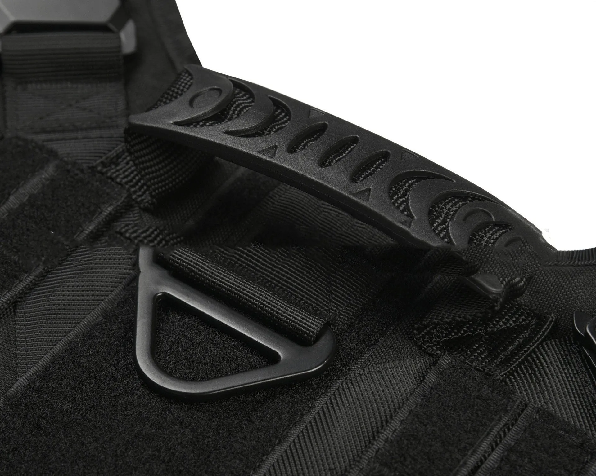 Tactical outdoor dog training vest in black with adjustable fit, side view
