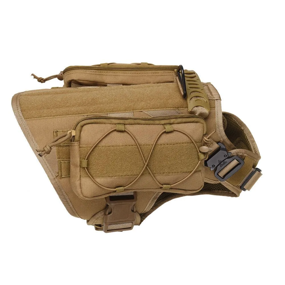 Tactical outdoor dog training vest in black with adjustable fit, side view