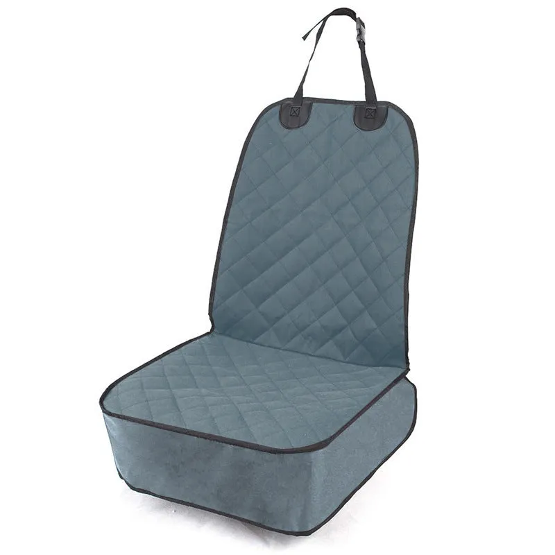 Oxford cloth pet car cushion in black on a co-pilot car seat with a dog sitting on it