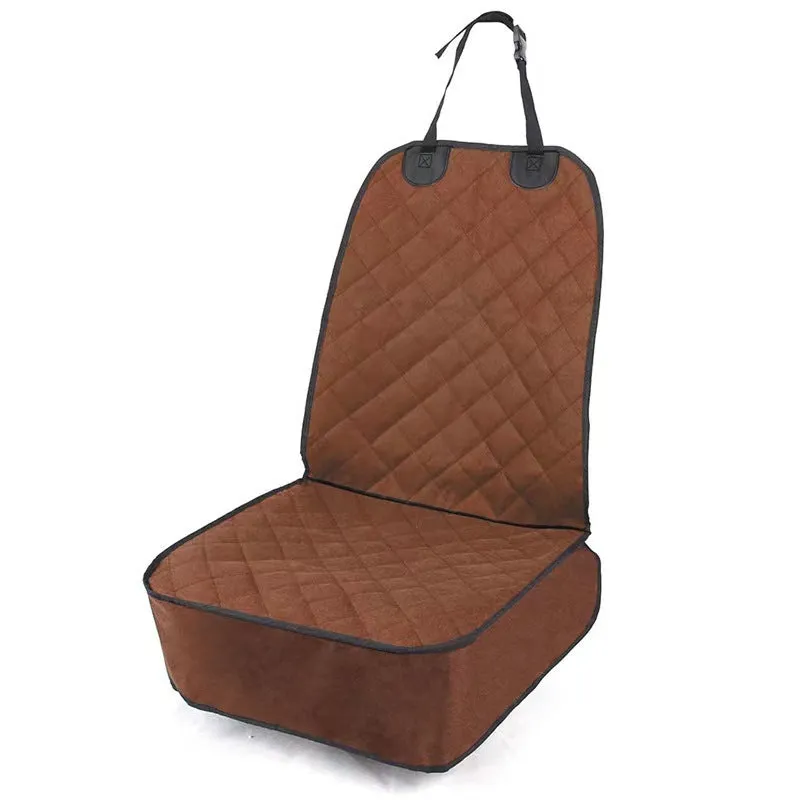 Oxford cloth pet car cushion in black on a co-pilot car seat with a dog sitting on it