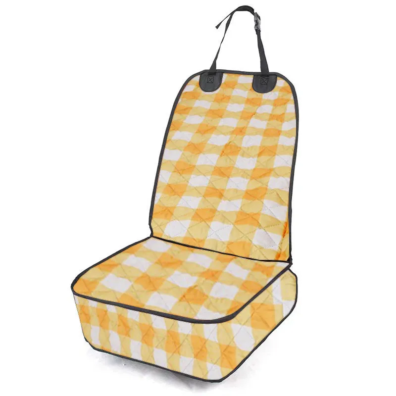 Oxford cloth pet car cushion in black on a co-pilot car seat with a dog sitting on it