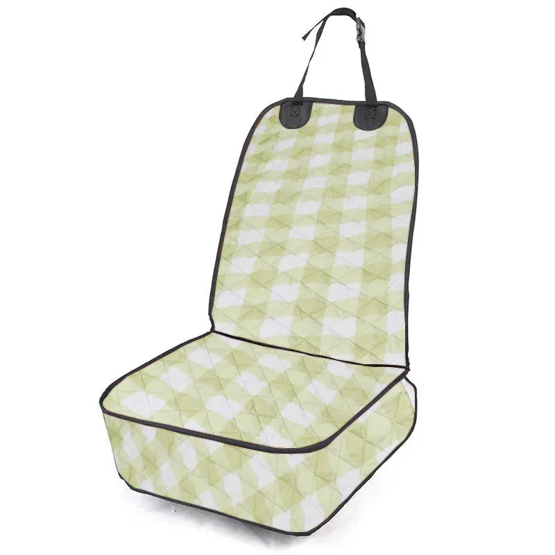 Oxford cloth pet car cushion in black on a co-pilot car seat with a dog sitting on it