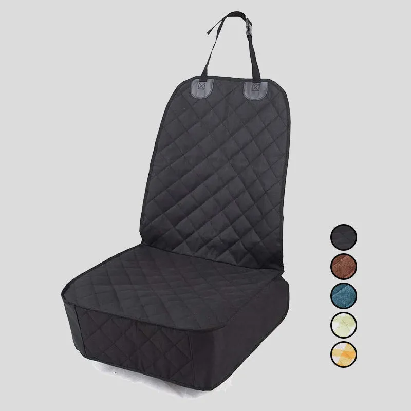 Oxford cloth pet car cushion in black on a co-pilot car seat with a dog sitting on it