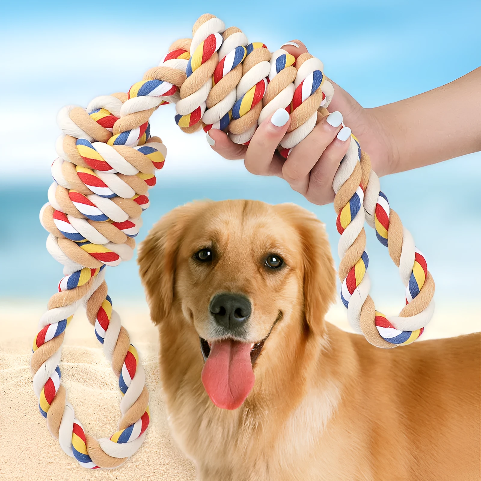 Pet bite rope dog chew toy made from cotton rope, 60 cm length, on light background