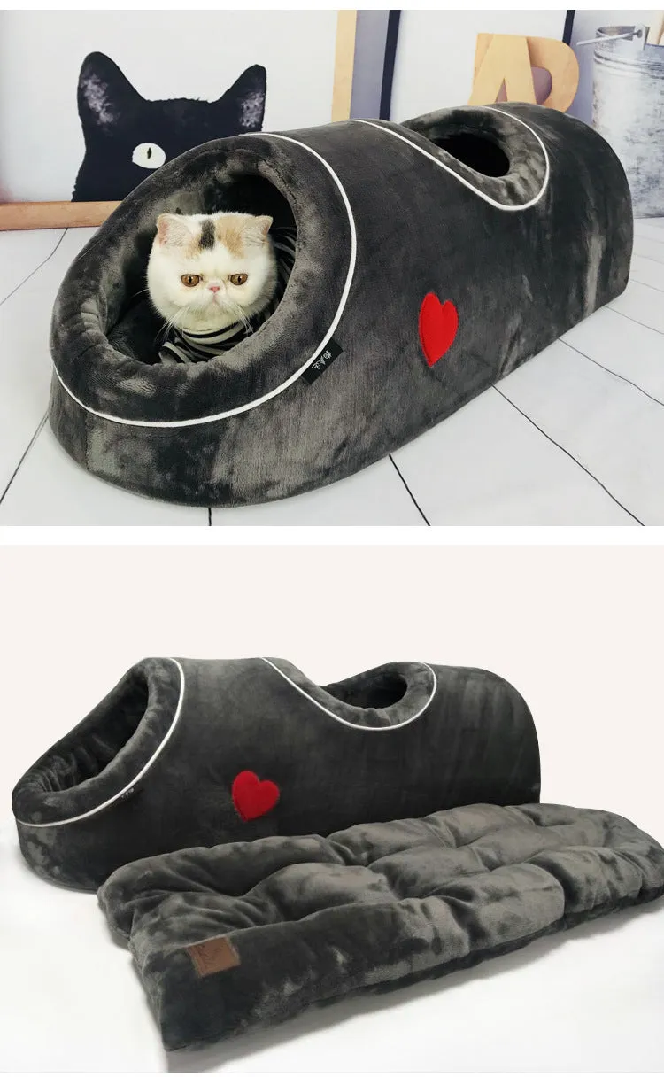 Double-hole flannel cat nest in grey with love heart pattern, 80x30x26cm, side view showing two openings