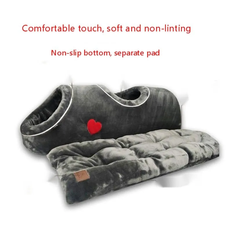 Double-hole flannel cat nest in grey with love heart pattern, 80x30x26cm, side view showing two openings