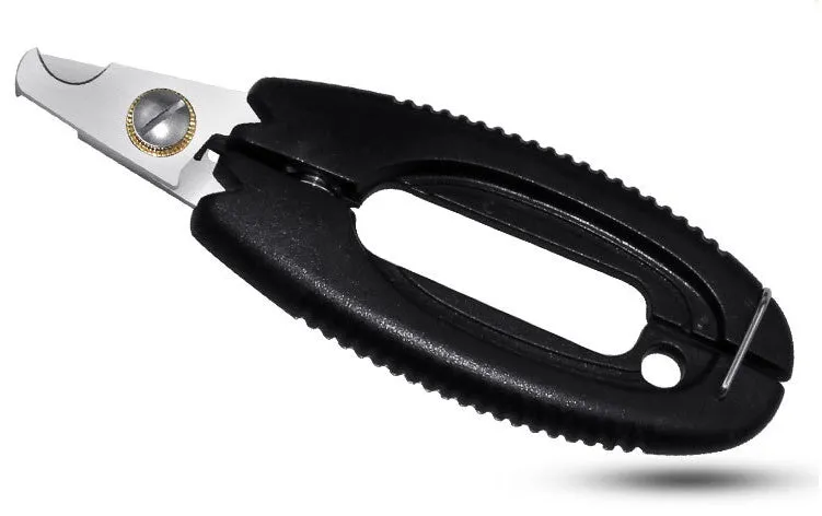 Black pet nail clippers with stainless steel blade and yellow safety guard on a white background