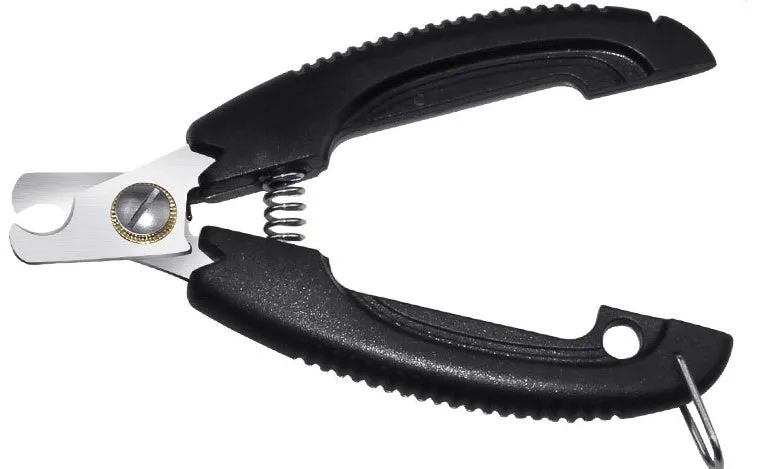 Black pet nail clippers with stainless steel blade and yellow safety guard on a white background