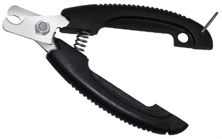Black pet nail clippers with stainless steel blade and yellow safety guard on a white background
