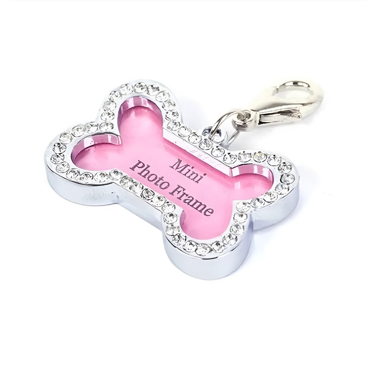Pink metal dog pendant necklace with bone pattern diamond charm on display