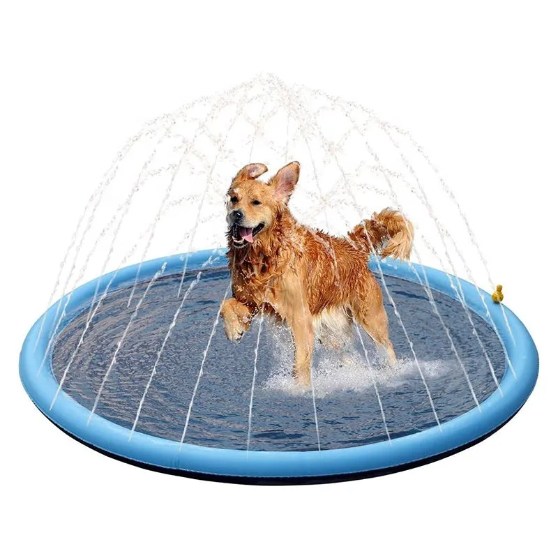 Dog playing on a large blue anti-slip splash pad mat in a garden, with water sprinklers active.