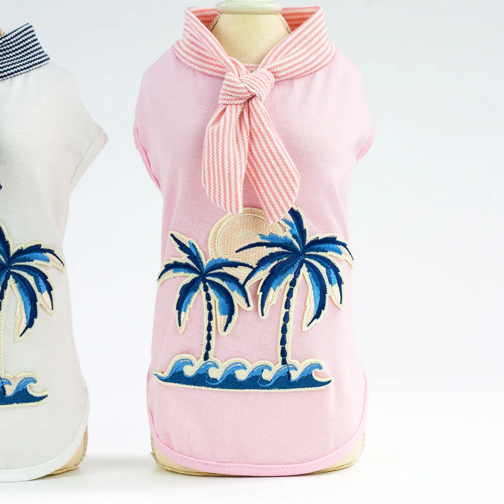 Cotton coconut tree embroidery pet clothing in pink for small to large dogs with casual style